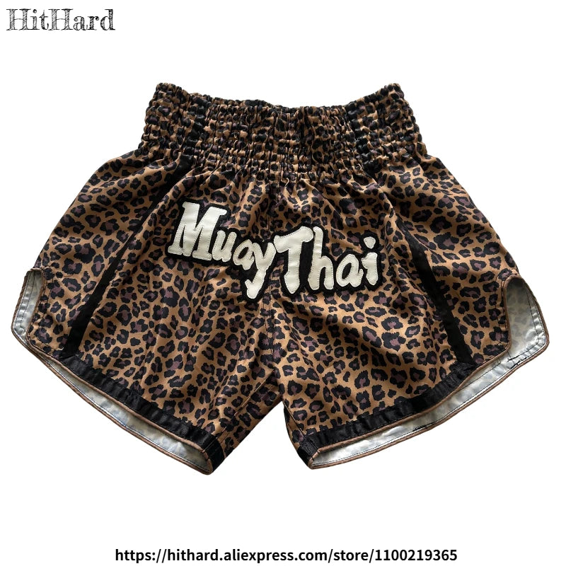 Muay Thai Shorts Men Women Kids Leopard Thai Boxing Shorts Premium Embroidery Satin Gym Kickboxing Fight Training BJJ MMA Pants