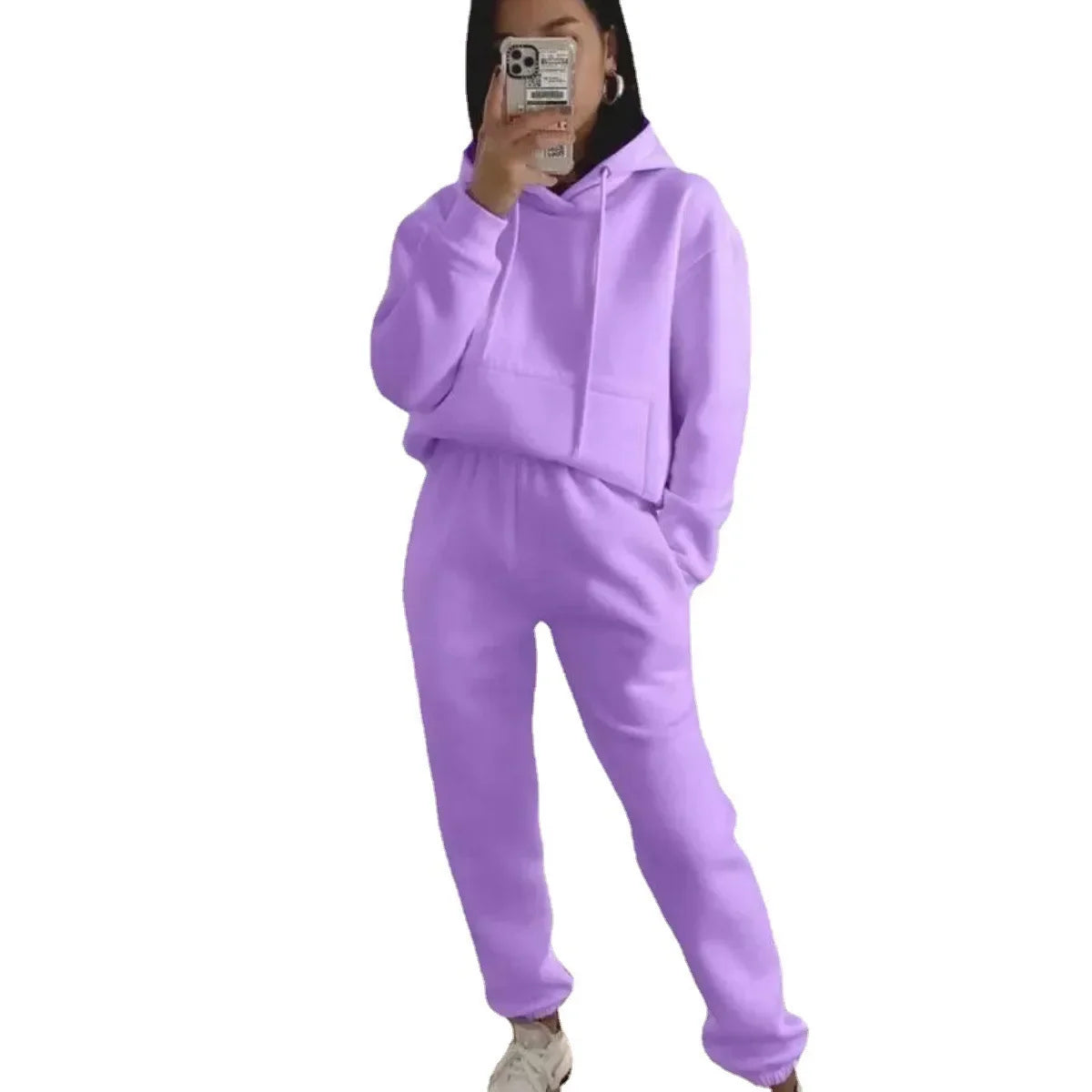 Women's Hooded Long Sleeved Pocket Sweatshirt Solid Color Sports Set Two-piece Set 2024 Autumn/winter