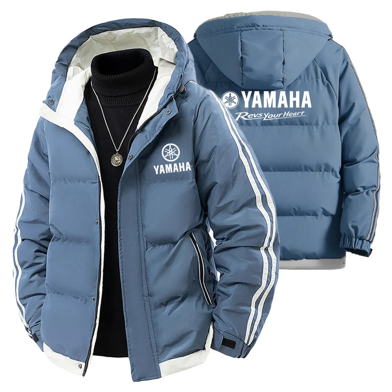 Yamaha's new men's hooded thick winter warm-up cotton coat for outdoor fashion, casual and sporty wear with zipper. Men's coat.