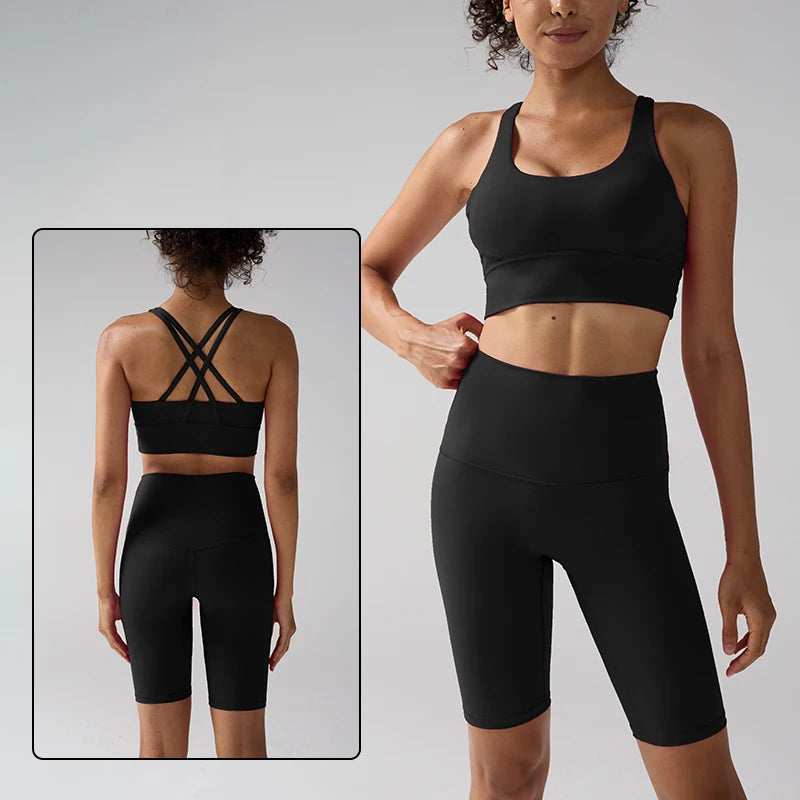 Women's 2 Piece Yoga Gym Sports Clothes Set Cross Back Bra Top with High Waist Shorts Fitness Running Workout Tracksuit - ATFH