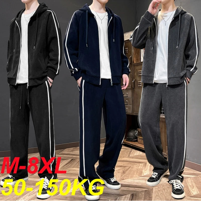 Big Size 8xl 7xl Corduroy Men's Tracksuit Set Black Hoodie Pants 2pcs Suits Autumn Winter Jacket Hooded Oversize Sportswear Man - ATFH