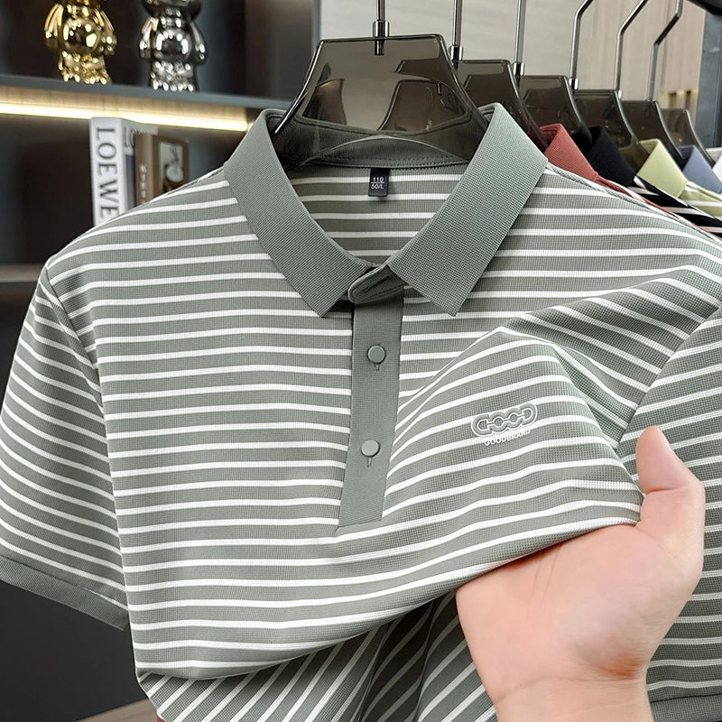 High end brand embossed short sleeve polo shirt fashion striped men's new casual summer breathable comfort luxuriuos T-shirt