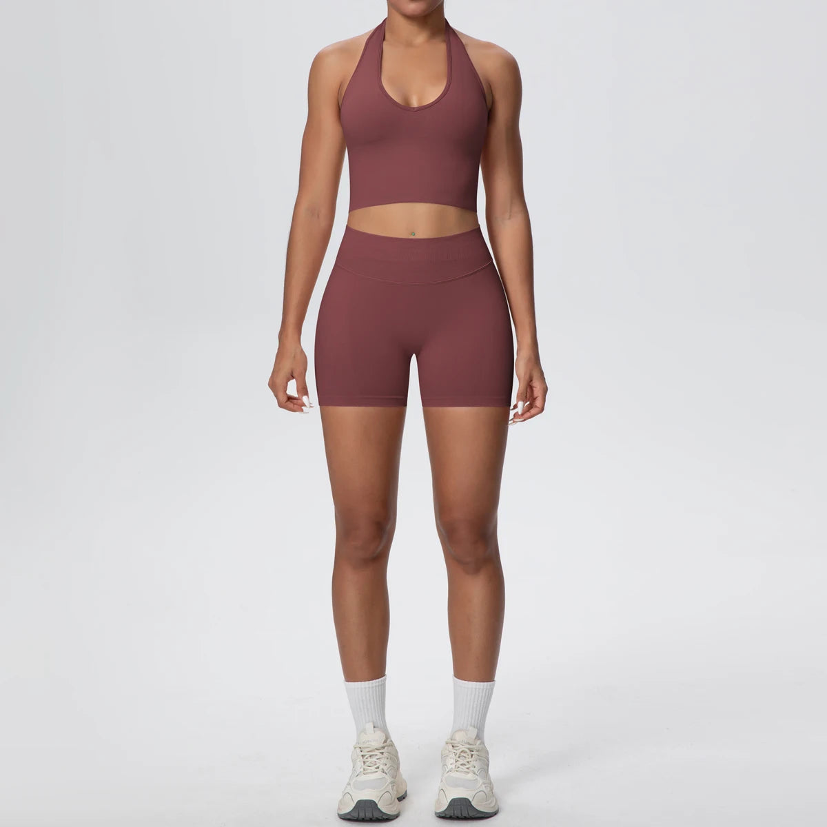 2Pieces Breathable Hanging Neck Bra Fitness Shorts Yoga Set for Woman's Quick-Dry Hip Push Up Seamless Sports Top Yoga Suit - ATFH