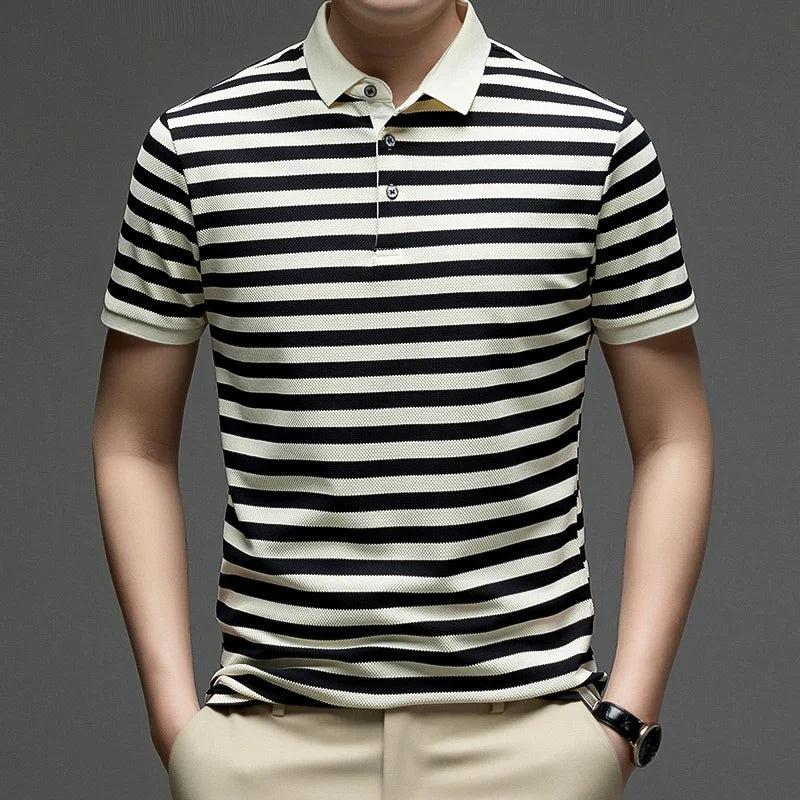 Men Striped Short Sleeve Polo Shirt Casual Breathable Waffle Knit Summer Classic Fashion Business Top