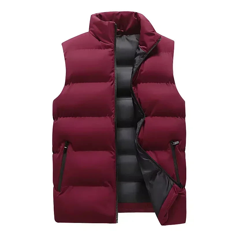 New Vest Men Winter Thick Cotton-Padded Stand Collar Vests Solid Sleeveless Zipper Jacket Male Warm Waistcoat Gilet Veste Hommes