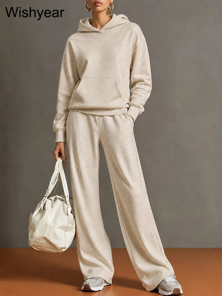 Gray Women’s Cozy Hoodie Set Long Sleeve Hooded Top Wide Leg Pants Casual Sporty Street Travel Fall Winter Two Piece Outfit