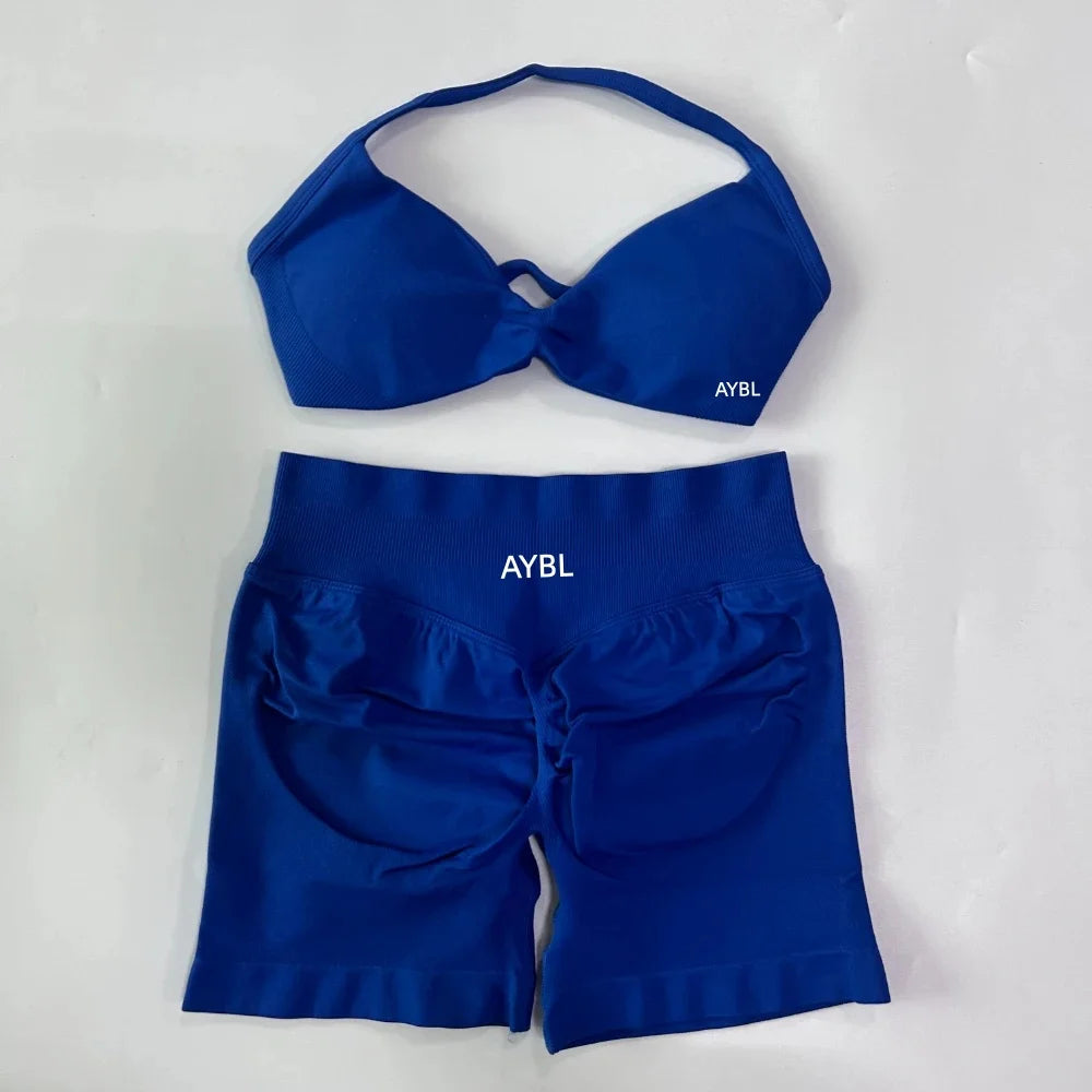 Trendy 2PCS Gym Set Women Strappy Yoga Bra Top High Waist Workout Scrunch Shorts Sports Suit Seamless Yoga Set Fitness Clothes Tahsi Fashion House