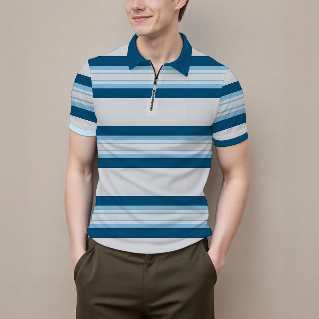 Summer men's polo shirt new summer short sleeve zipper stripes casual fashion versatile lapel men's business formal occasions