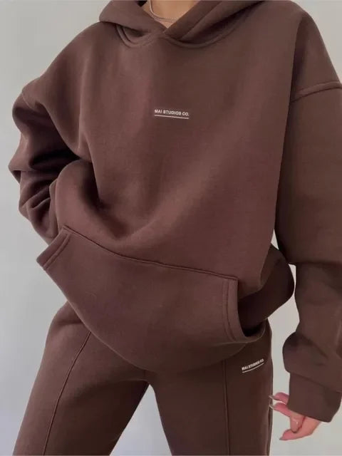 Women's Casual Hooded Sweatshirt Trousers 2 Piece Set Plus Velvet Warm Fashion Pocket Printed Letters Sports Ladies Trousers Set ATFH