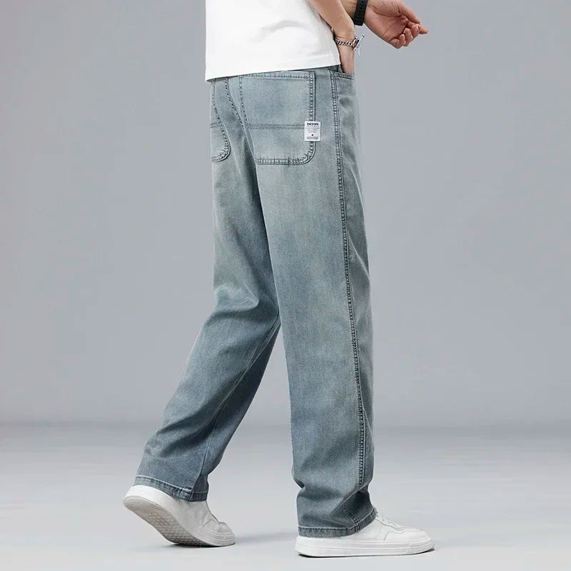 2026 New Summer Ultra-thin Lyocell Men's Jeans Drape Soft Fabric Loose Straight Casual Denim Pant Elastic Ice Silk Male Trousers ATFH