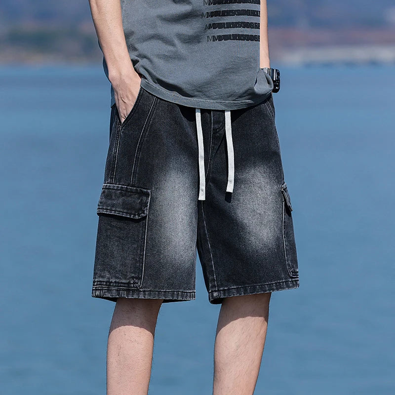 Vintage Blue Men's Denim Shorts Summer New Large Pocket Loose Wide Leg Cargo Jeans Knee Length Elastic Waist Casual Shorts ATFH