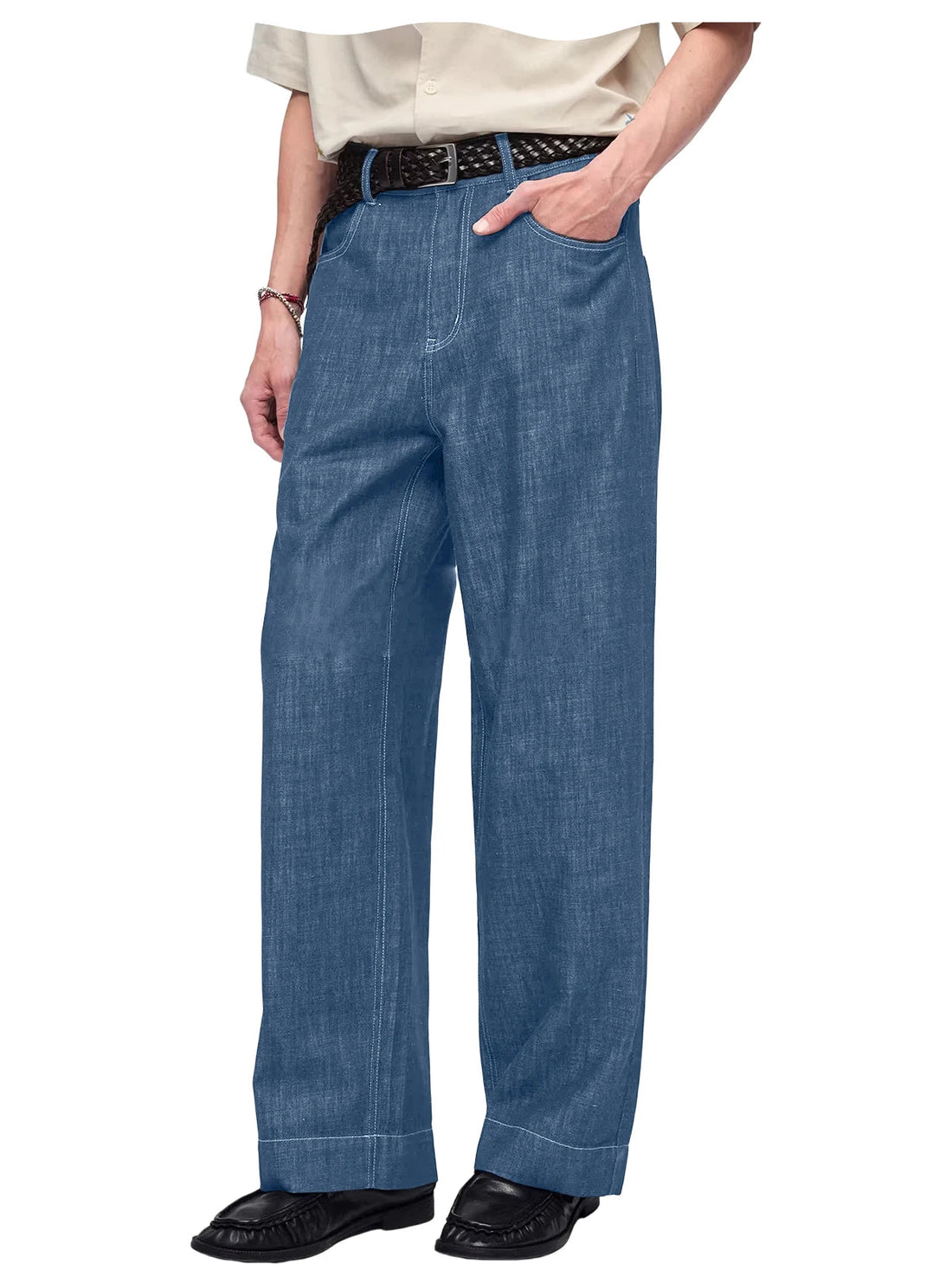 Retro Men's High Waist Wide Leg Jeans Loose Fit Denim Pants Breathable Casual Stretchy Heavyweight Cotton Y2K Baggy Trousers ATFH