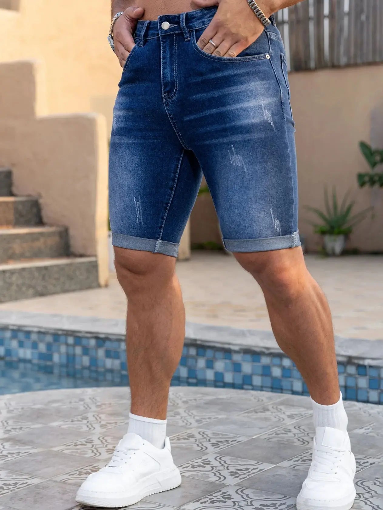 Men Denim Jeans Pants Clothing Trousers Shorts Men's Dark Wash Rolled Cuff Casual Denim Shorts ATFH