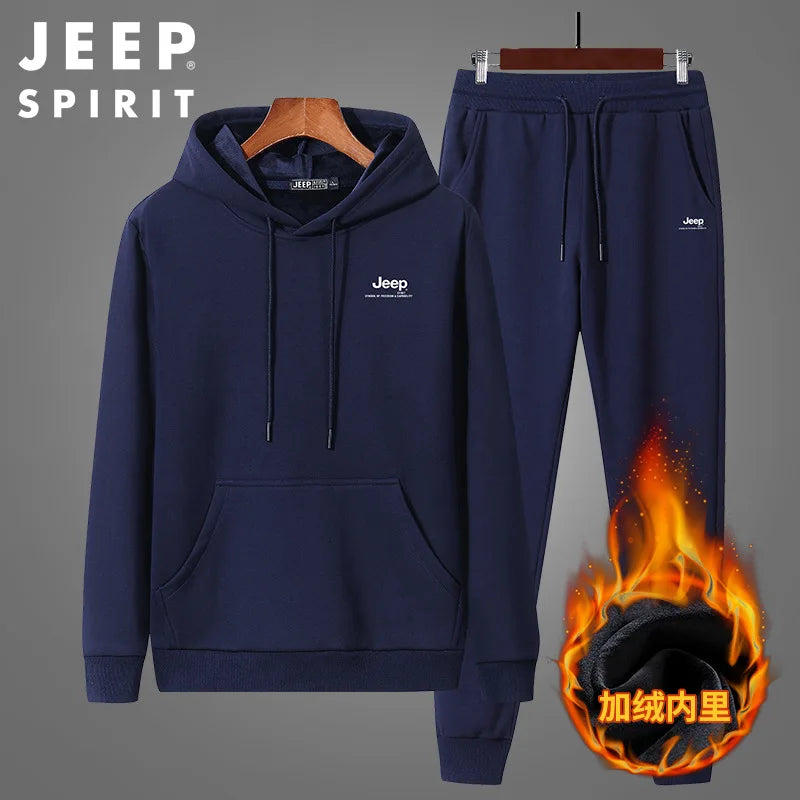 JEEP SPIRIT Suit Men Sweater Hoodie + Casual Trousers Sportswear Casual Autumn and Winter Plus Velvet Thick Warm Two-piece Set - ATFH