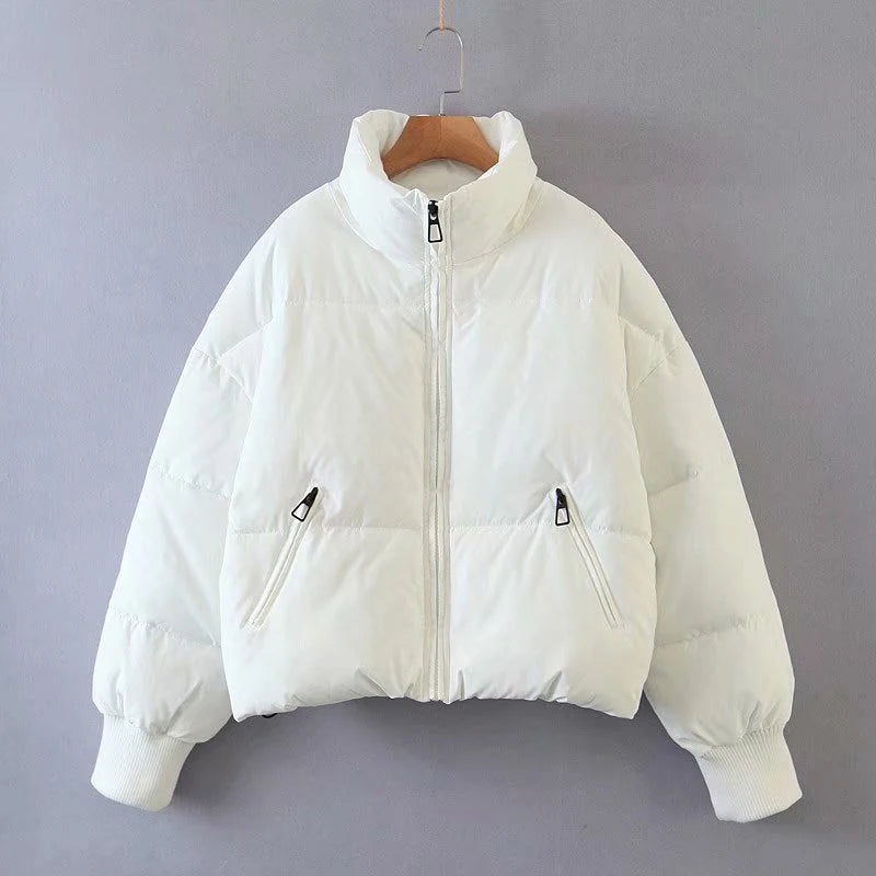 Women's Winter Stand Collar Jacket Baggy Short Padded Down Coats Cropped Puffer Long Sleeve Zipper Coats