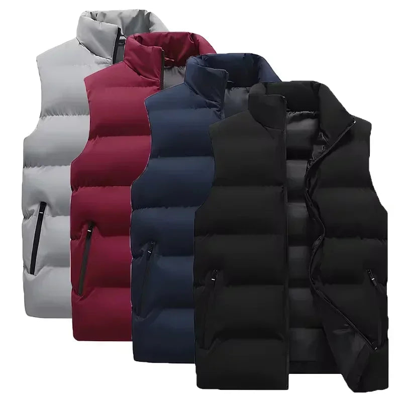 New Vest Men Winter Thick Cotton-Padded Stand Collar Vests Solid Sleeveless Zipper Jacket Male Warm Waistcoat Gilet Veste Hommes
