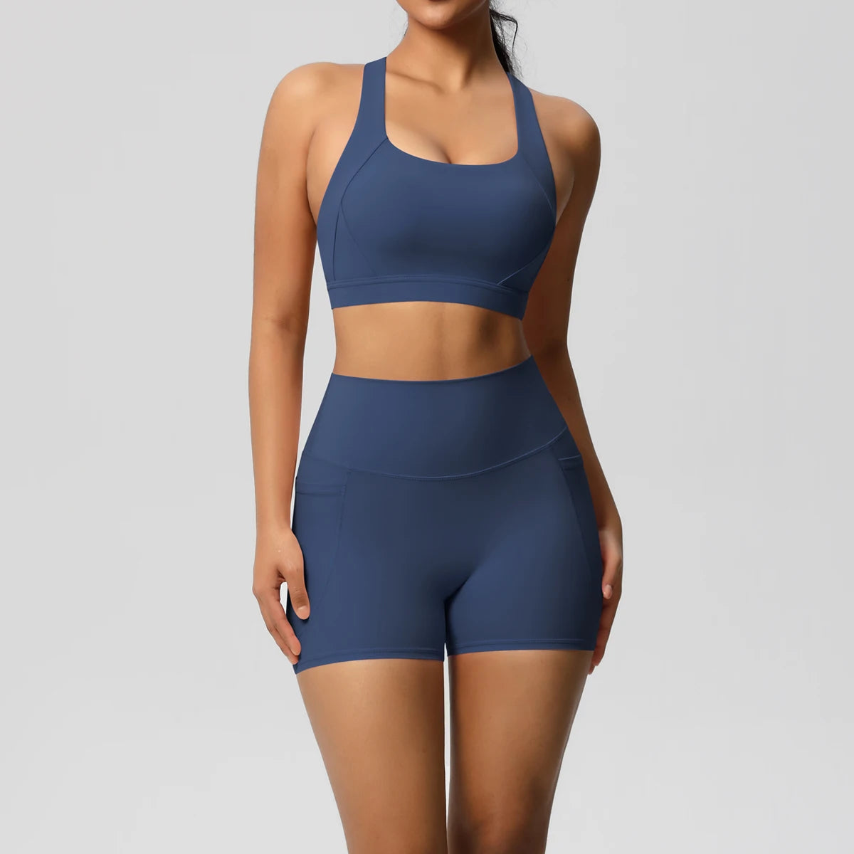 2PCS Sportswear With Pocketed Yoga Set Gym Clothes Yoga Suits For Women Tracksuits Sports Shorts Crossover Bra Gym Leggings - ATFH