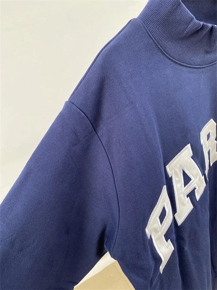 Women Letters Patch Embroidery Blue Sweatshirts Female Stand Collar Long Sleeve Pullover Casual Ladies Sports Top - ATFH