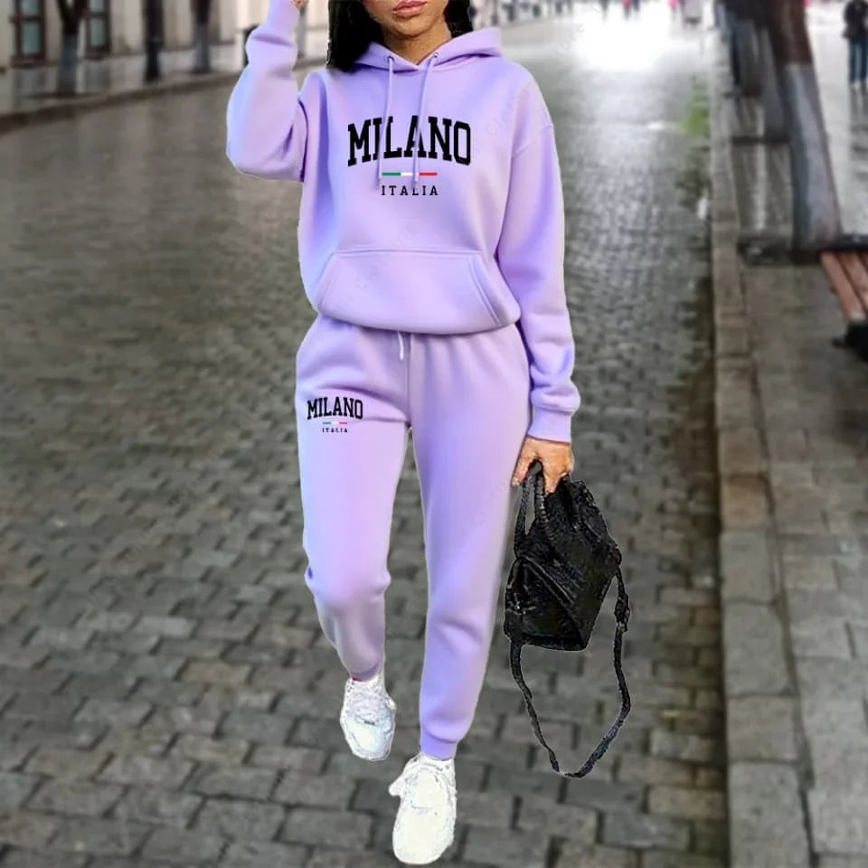 Women's Tracksuit Hoodies Pants Fall Winter Matching Set Athleisure MLANO Letter Print Fleece 2 Piece Sweatpants Set for Woman