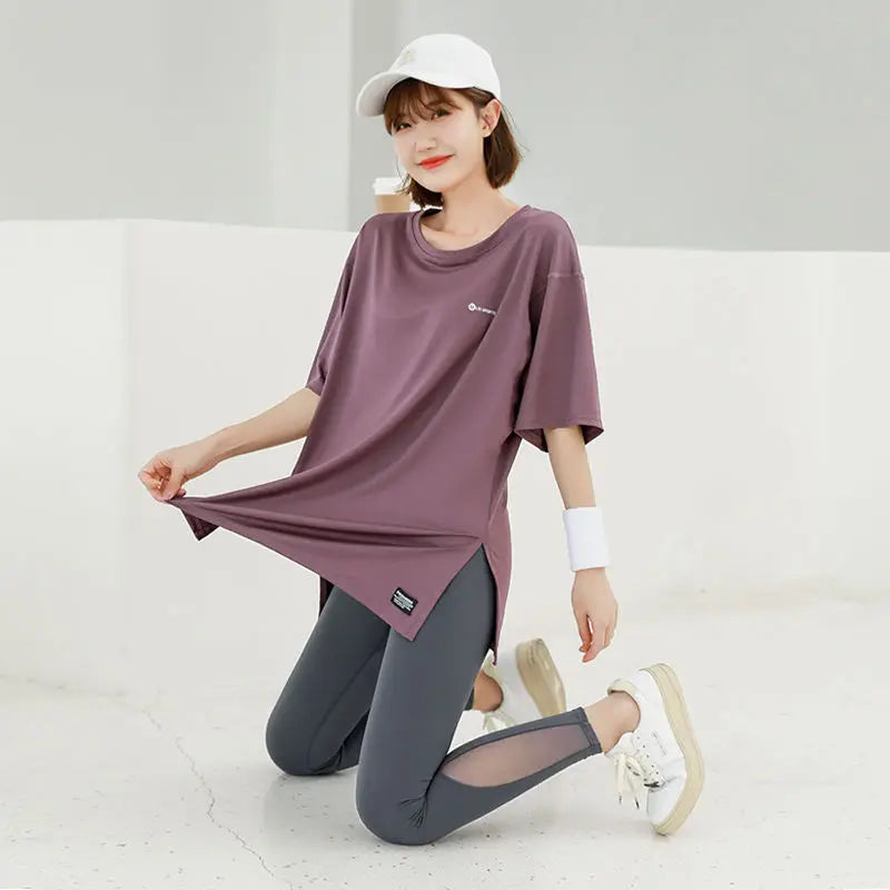 Loose T-shirts for Women Running Clothing Solid O-neck Summer Quick Drying Short Sleeve Korean Style Young Girls Students Soft - ATFH