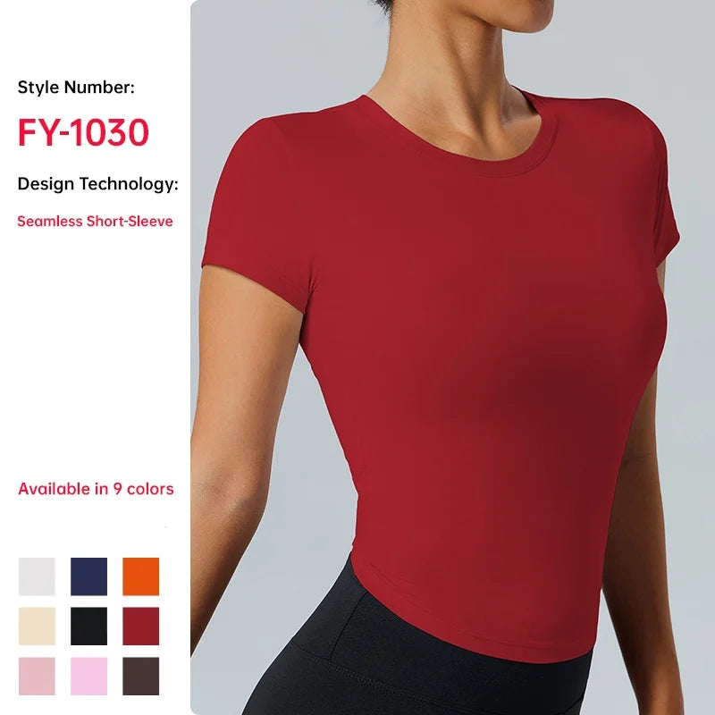 Women's Outdoor Fitness Yoga Top Round-Neck Short Sleeve Quick-Dry Compression T-Shirt for Running and Yoga - ATFH