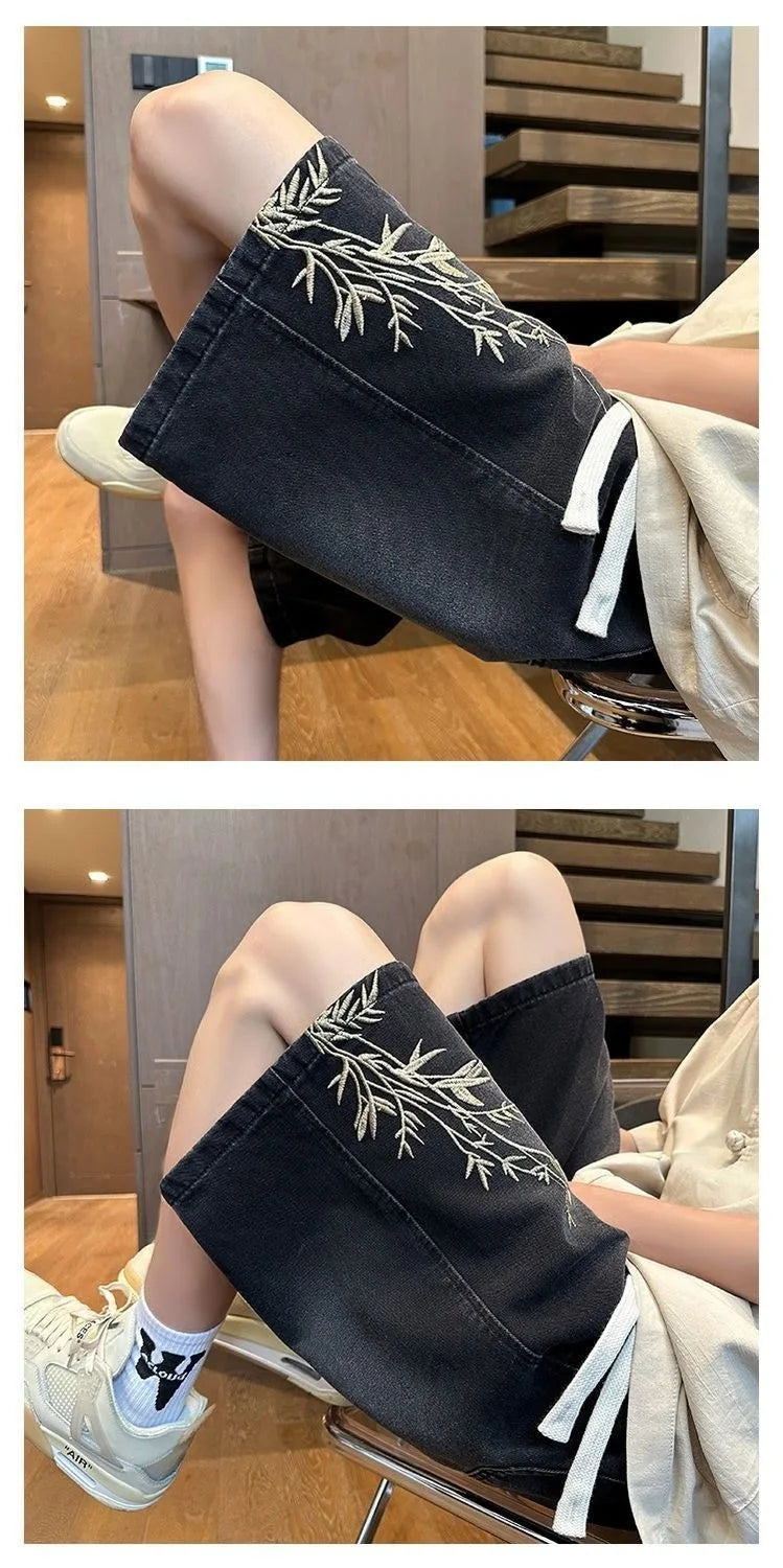Men's 2026 Summer Retro Washed New Chinese Style Embroidered Denim Shorts Thin Loose Plus Size Streetwear 5-Pocket Capri Pants ATFH