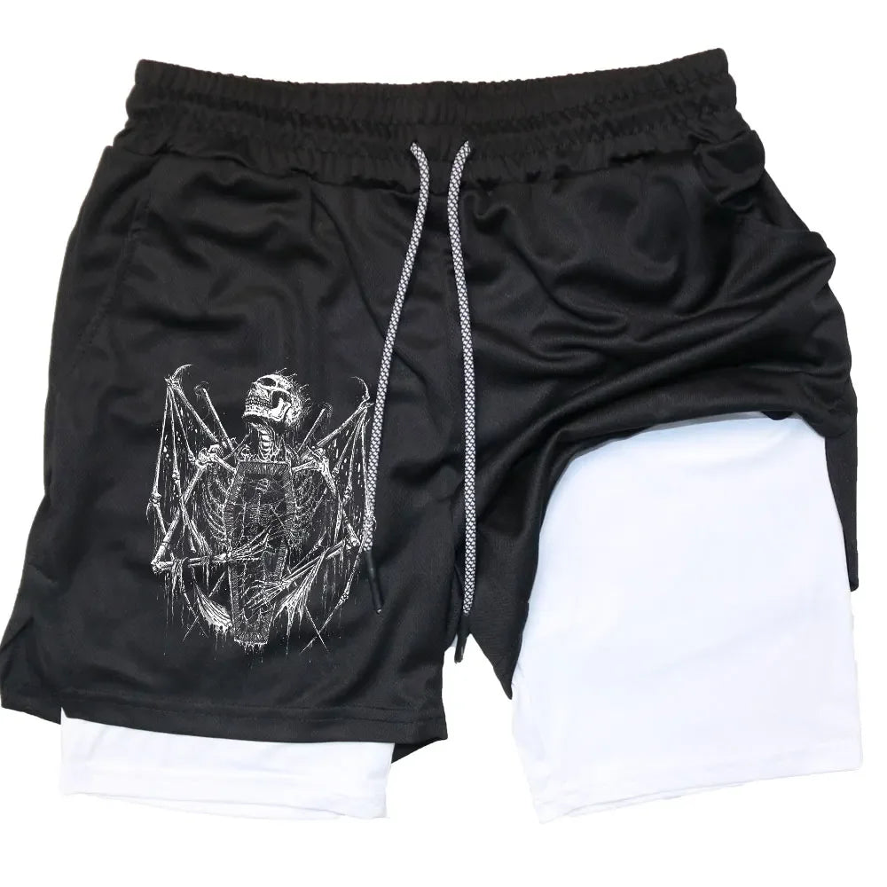 Shorts Men Quick-drying Fitness Skull Print Double Layer Shorts Workout Training Running Bodybuilding Sportwear