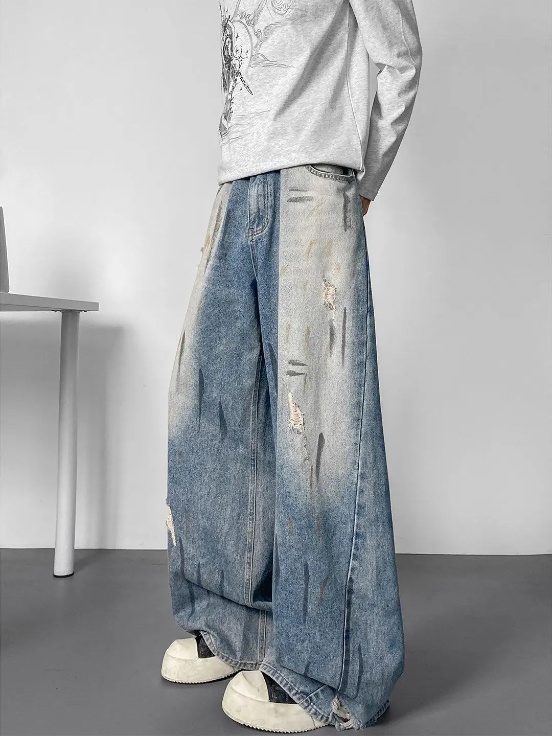 Men's Splashing Ink Graffiti Ripped Jeans Wide Leg Pants Summer Bottom Young Boy Casual Sweatpants Male High Waist Trousers ATFH