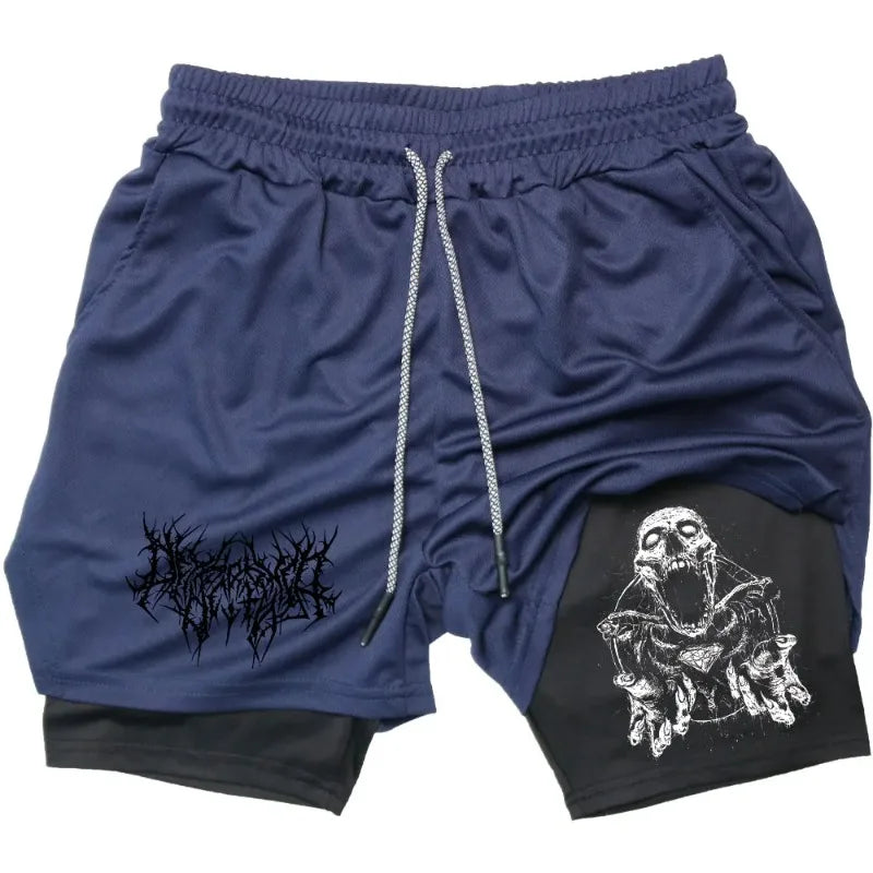 Shorts Men Quick-drying Fitness Skull Print Double Layer Shorts Workout Training Running Bodybuilding Sportwear
