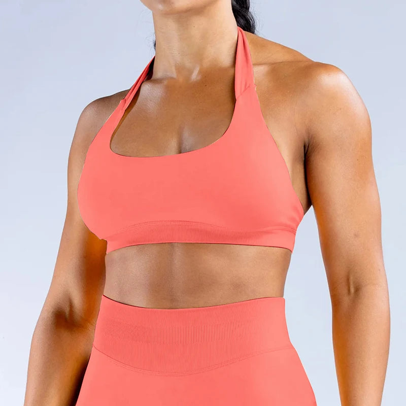 Impact Sports Bra Women Seamless Halter Neck Strap Yoga Bra With Padded Sexy Open Back Yoga Top Bra Medium Support Gym Crop Top - ATFH