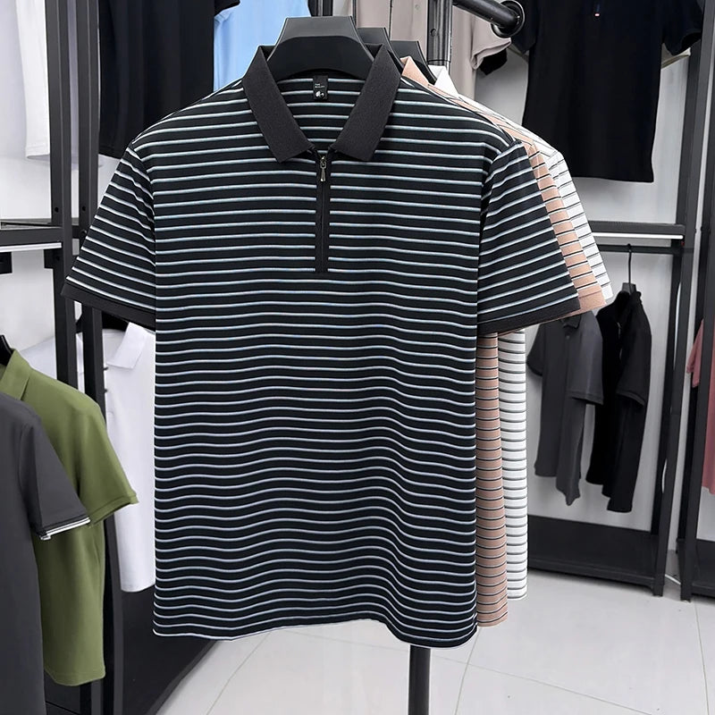 2026Summer Men's Striped Short-sleeved Lapel Zipper Polo Shirt Casual Trend Breathable Light Luxury Half-sleeved Bottoming Shirt