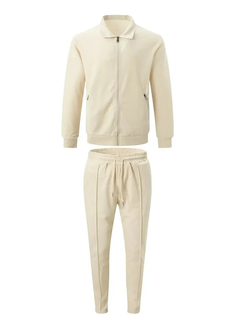 Men's Spring Waffle Two-Piece Set Casual Sports Suit with Zipper Long-Sleeved Jacket And Pants Collared - ATFH