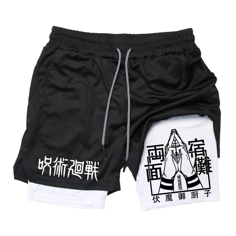 Anime Graphic 2 in 1 Compression Shorts for Men GymQuick Dry Activewear Workout Running with Phone Pockets Athletic