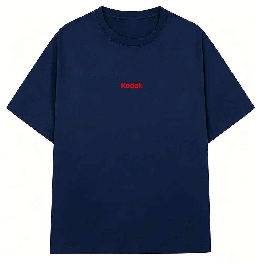 Black Kodak Basic Red Center Logo Graphic Tee, Simple White-on-Black Brand Print, Cotton Crewneck for Daily Casual Wear ATFH