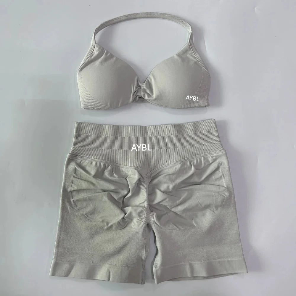 Trendy 2PCS Gym Set Women Strappy Yoga Bra Top High Waist Workout Scrunch Shorts Sports Suit Seamless Yoga Set Fitness Clothes Tahsi Fashion House