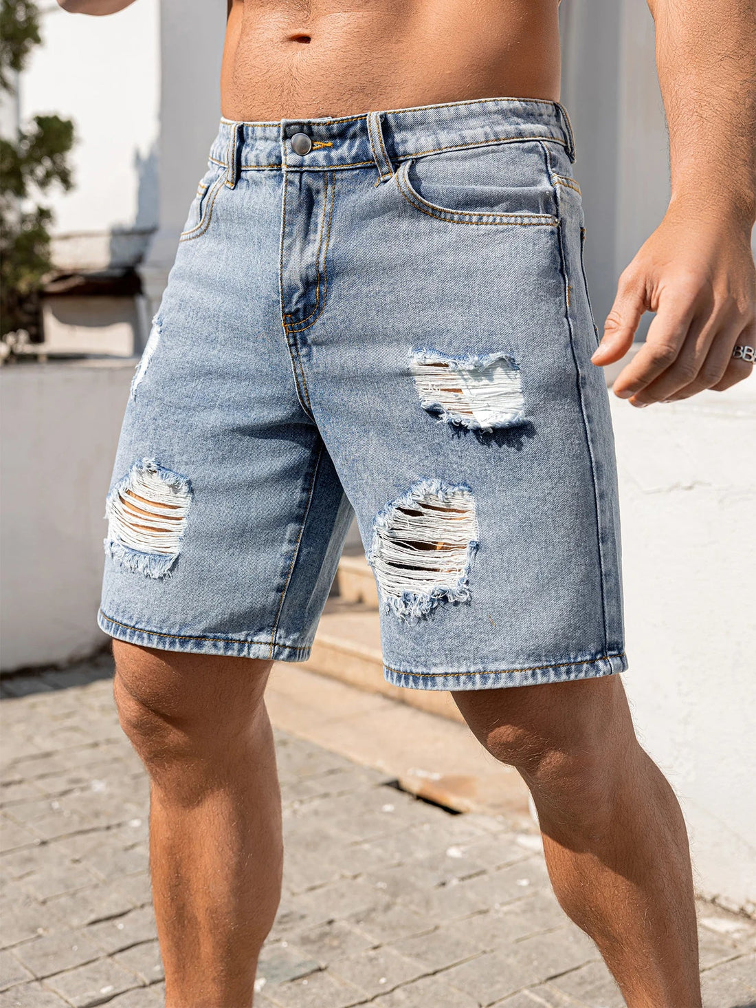 2026 Men's Summer Loose Fit Blue Distressed Denim Shorts All Occasion Wear Casual/Party/Vacation Versatile Trendy Men's Pants Ripped Jeans Size XS-XL ATFH