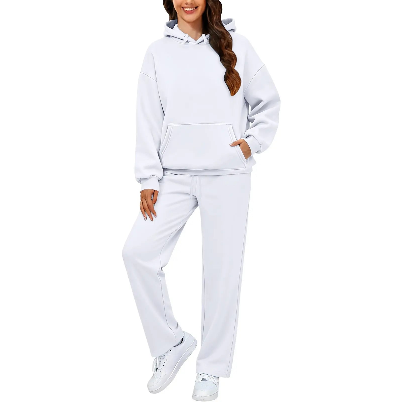 Autumn Winter Women Hoodie+Wide Leg Pants Two Pieces Casual Fleece Loose Long Sleeve Tracksuit Comfortable Sports Women Suit