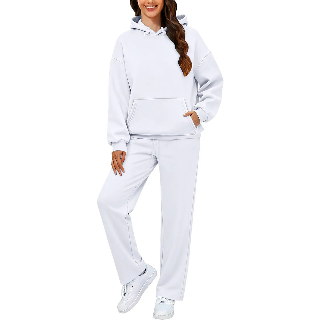 Autumn Winter Women Hoodie+Wide Leg Pants Two Pieces Casual Fleece Loose Long Sleeve Tracksuit Comfortable Sports Women Suit