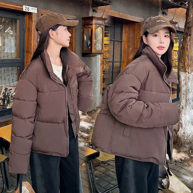 New Winter Women's Quilted Jacket Geometric Print Stand Collar Drawstring Puff Coat For Lady Korean-style Loose Female's Outwear ATFH