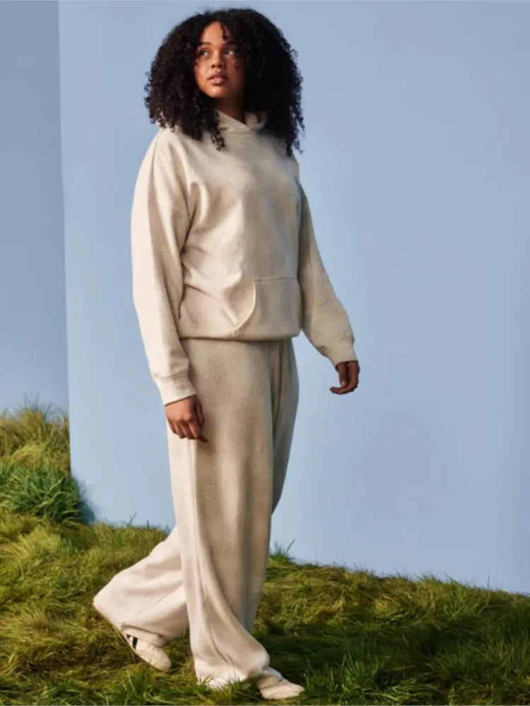 Female Solid Color Loose Sweatshirt Two-piece Sets Fashion Hooded Hood With Pocket Wide-leg Pants Suit Autumn Winter Lady Outfit
