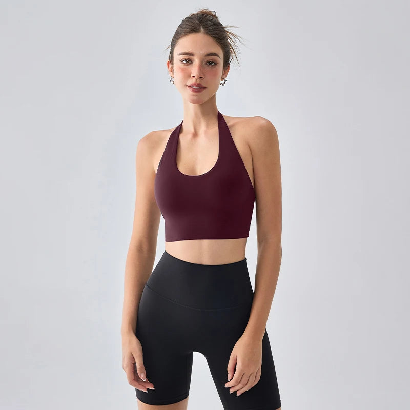Women's Sexy Backless Padded Sports Bra Fixed chest pad Halter Neck Comfort Bare Navel Top Running Fitness Outdoor Sports Vest - ATFH