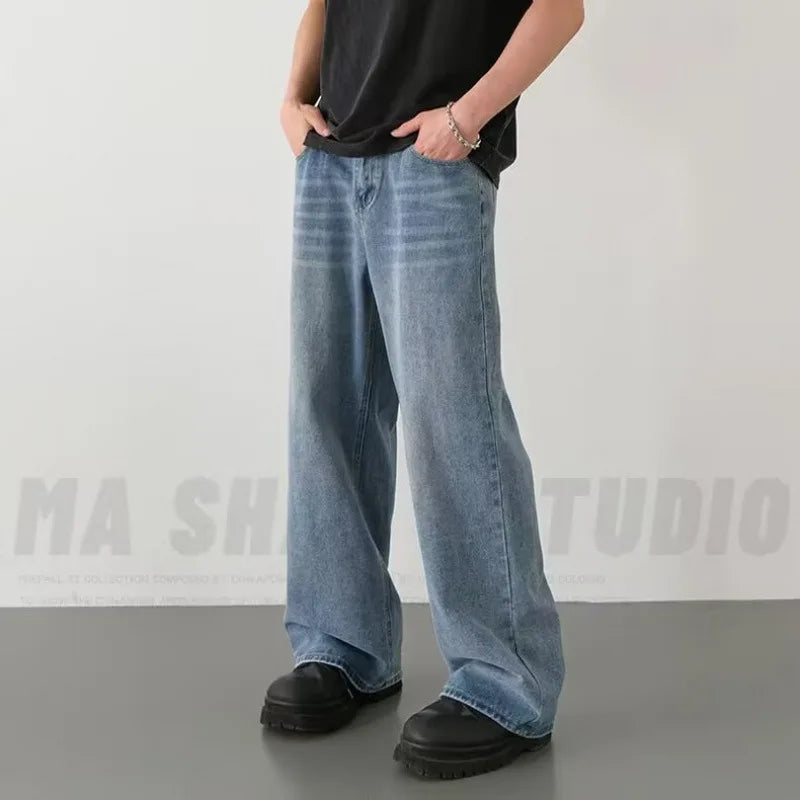Spring Autumn Men's New Denim Pants Old Blue Washed Casual Jeans Menwear Loose New Fashion contrasting color Wide Leg Trousers ATFH