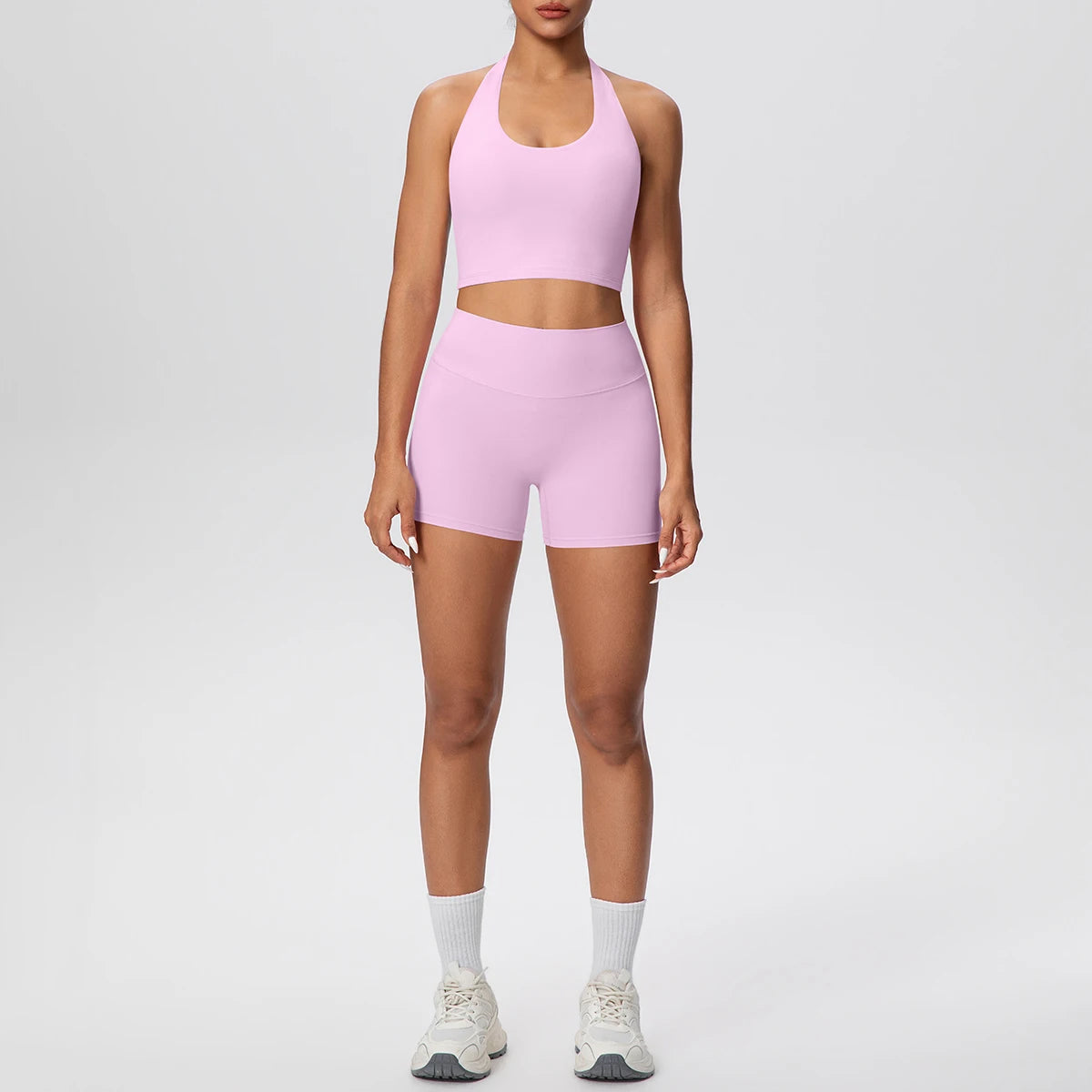 2picese Women Yoga Suit Solid Color High Waist Hip Push Up Fitness Shorts Sexy Pilates Backless Gym Hanging Neck Bra Yoga Set