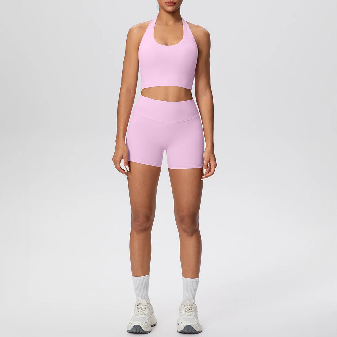 2picese Women Yoga Suit Solid Color High Waist Hip Push Up Fitness Shorts Sexy Pilates Backless Gym Hanging Neck Bra Yoga Set