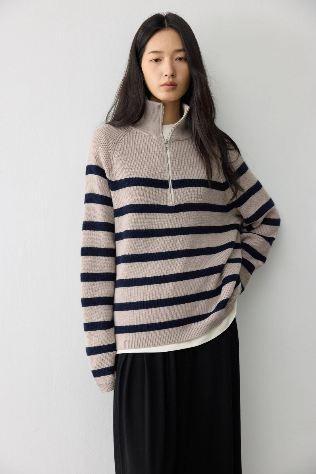 Heavy German BY worsted wool, classic contrasting stripes loose lapel half zip knitted sweater - ATFH