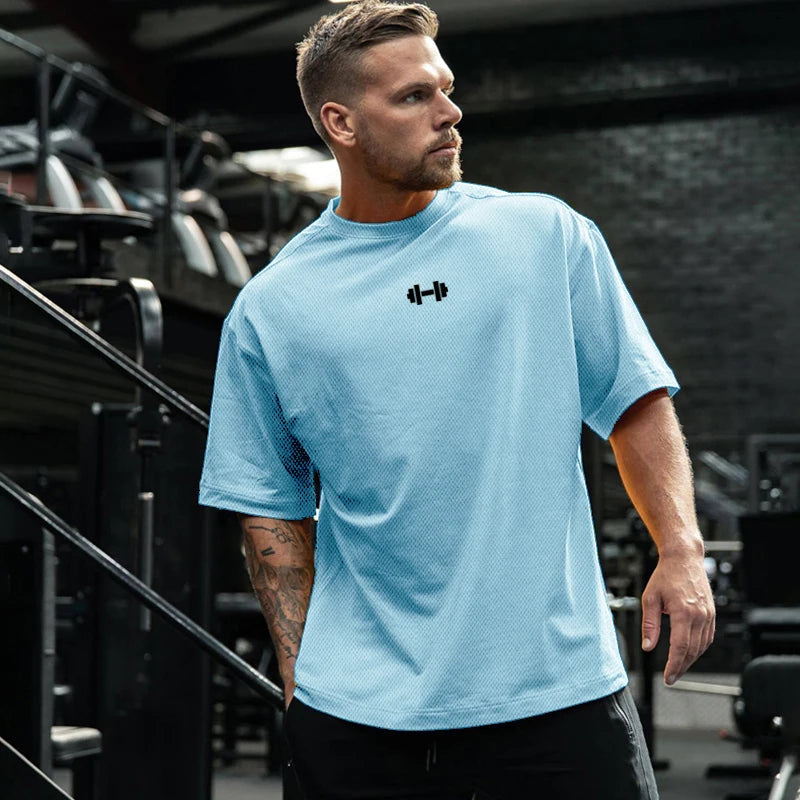 Oversized Loose Gym Clothing Mesh Quick Dry Bodybuilding Fitness Men Short Sleeve Barbell print Sport Streetwear Workout T-Shirt ATFH