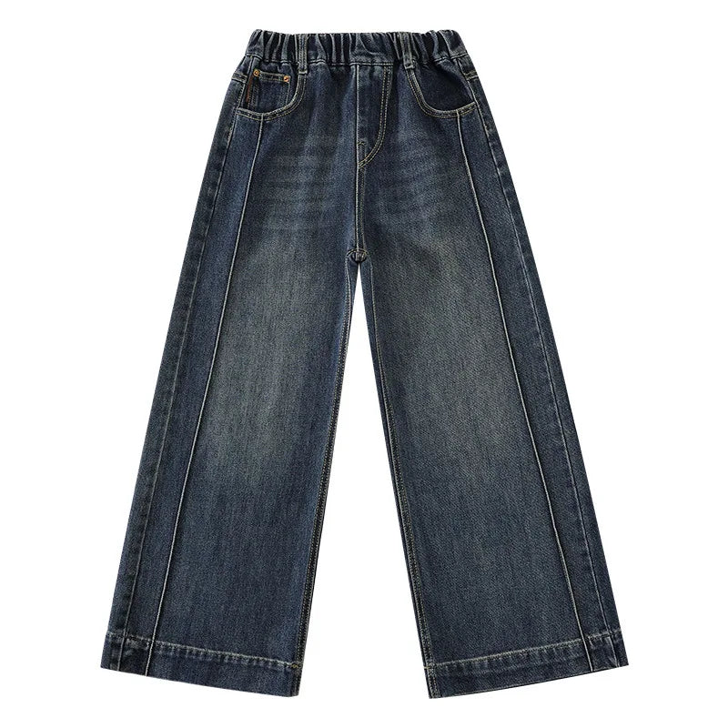 New Girls Fleece Lined Jeans Autumn Winter Thick Warm Kids Straight Leg Trousers Children's All-In-One polar fleece Denim Pants ATFH