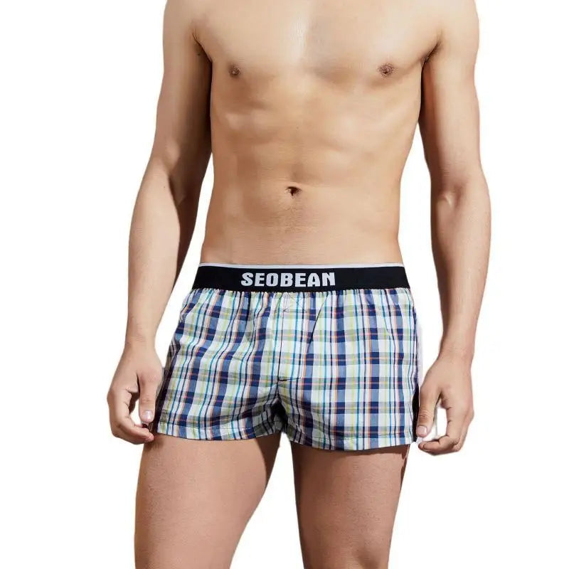 SEOBEAN Classic Plaid Mens Boxer Shorts 100% Cotton Underwear Boxershorts U convex Pouch Arrow Panties Shorts Men Sleep Bottoms