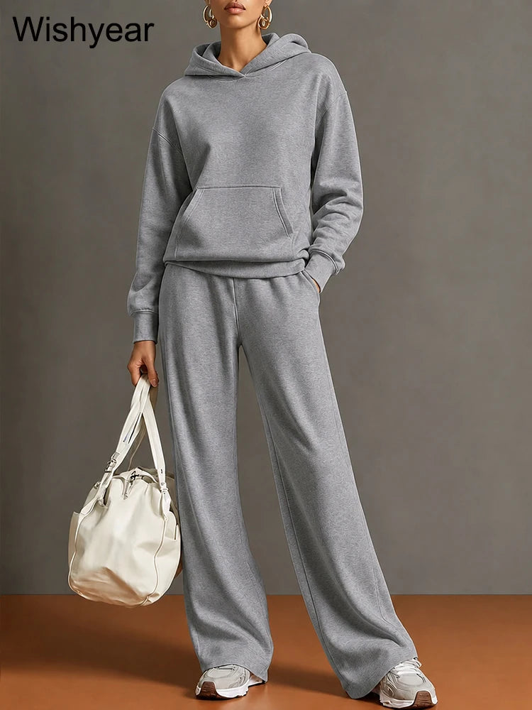 Gray Women’s Cozy Hoodie Set Long Sleeve Hooded Top Wide Leg Pants Casual Sporty Street Travel Fall Winter Two Piece Outfit