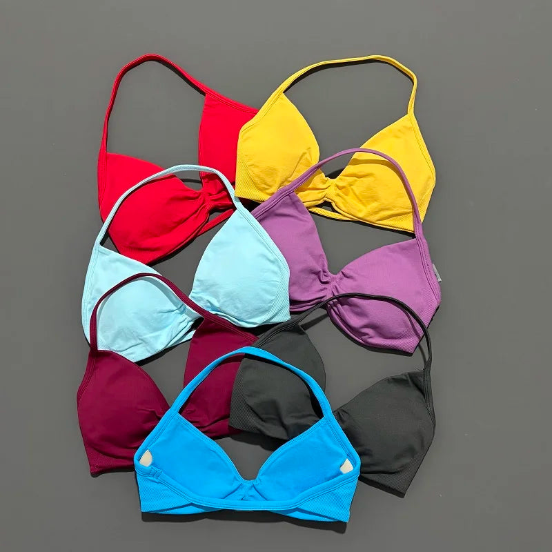 Sports Strappy Bra Yoga Underwear Women Gym Top Running Exercise Backless Bra High Support Active Wear Fitness Workout Halter - ATFH